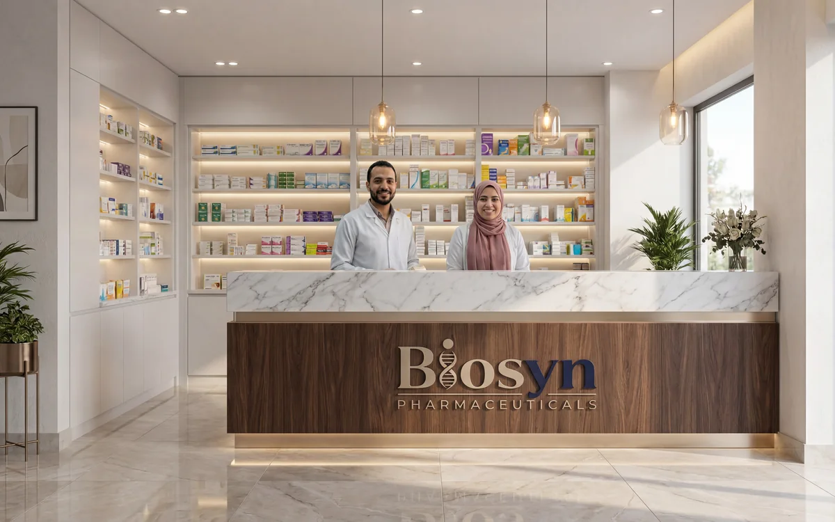 Biosyn-branded pharmacy counter with two pharmacists