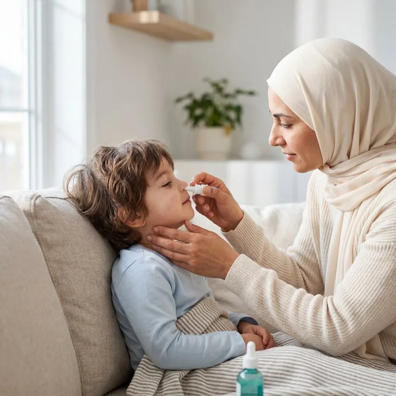 A mother gently applying nasal spray to her child