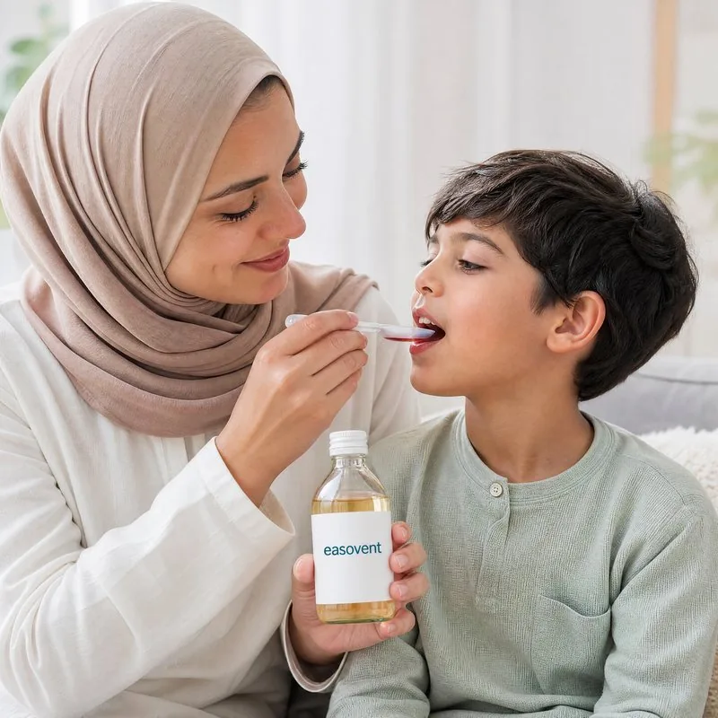 A mother giving her child soothing respiratory syrup